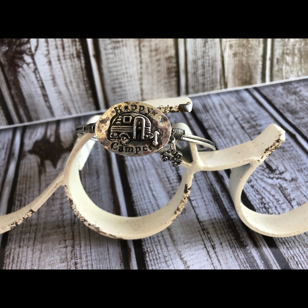 Burnished, bangle bracelet  "Happy Camper."